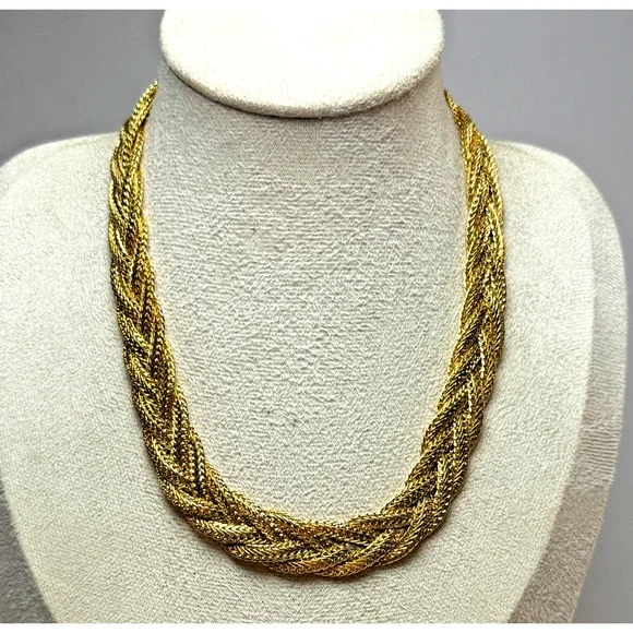 Vintage 16" Gold Tone Chunky Braided Chain Woven Collar Choker Necklace Stunning - Picture 1 of 4
